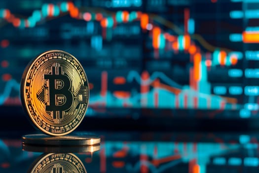 Bitcoin shiner in front of blurry trading charts screen. Dark appearance. Neural network generated image. Not based on any actual scene or pattern.