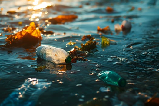 Plastic pollution in the ocean, garbage floating under water illuminated with sunlight. Neural network generated image. Not based on any actual scene or pattern.