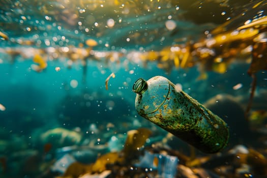 Plastic pollution in the ocean, garbage floating under water illuminated with sunlight. Neural network generated image. Not based on any actual scene or pattern.