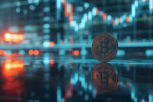 Bitcoin shiner in front of blurry trading charts screen. Dark appearance. Neural network generated image. Not based on any actual scene or pattern.