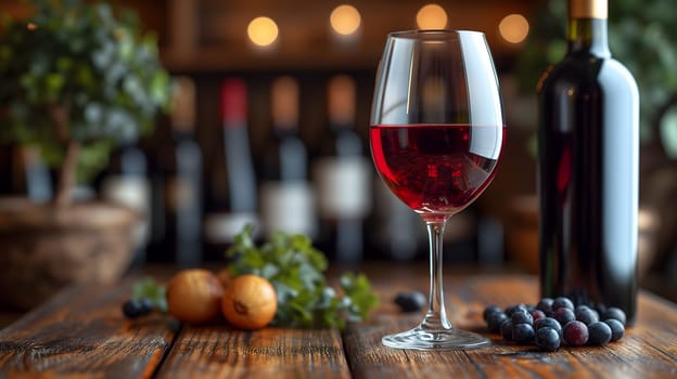 Glass with red wine and wine bottle on the right over a wooden table in the pub background with copy space. Neural network generated image. Not based on any actual scene or pattern.