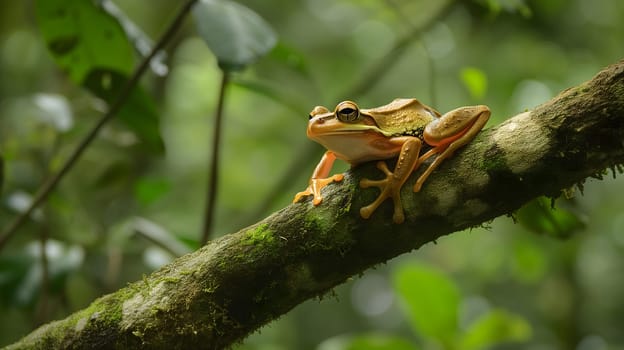 A frog resting on a tree branch in dense jungles. Neural network generated image. Not based on any actual scene or pattern.