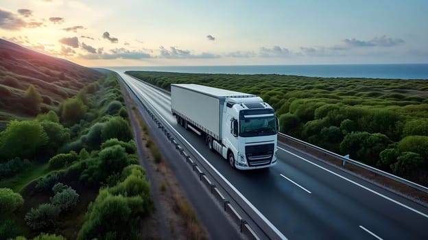 White European semitruck is seen from the sky on a highway backed by vegetation. Neural network generated image. Not based on any actual scene or pattern.