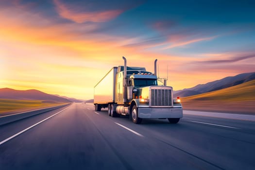 Classic American long-nose semitruck on a highway. Neural network generated image. Not based on any actual scene or pattern.