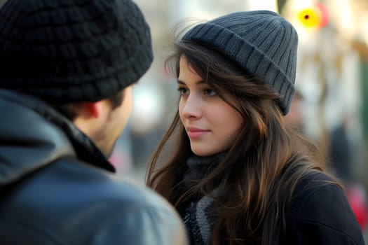 He is hitting on her. Heterosexual relationships concept. Neural network generated image. Not based on any actual scene or pattern.