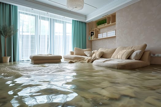 Home Floor Flooded, Showcasing Water Damage And Potential Issues. Neural network generated image. Not based on any actual scene or pattern.