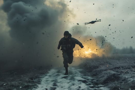 fictional soldier trying to run out of drone at day time winter non-urban battlefield. Neural network generated image. Not based on any actual scene or pattern.