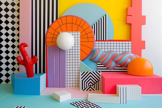 abstract background of playful convergence of 2D pop-art graphics and 3D geometric shapes creating a vibrant multiverse portal, embodying high-energy and big-impact visuals. Neural network generated image. Not based on any actual scene or pattern.