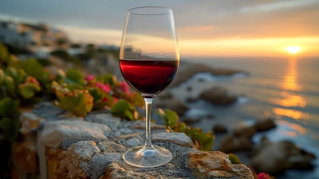 A glass of red wine on a stone wall, sea background, realistic, selective focus. Neural network generated image. Not based on any actual scene or pattern.