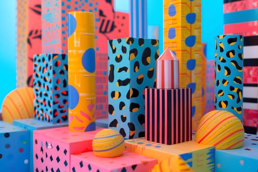 abstract background of playful convergence of 2D pop-art graphics and 3D geometric shapes creating a vibrant multiverse portal, embodying high-energy and big-impact visuals. Neural network generated image. Not based on any actual scene or pattern.