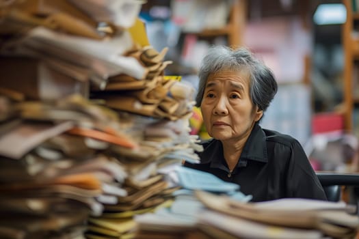 Senior Asian woman in an office, overwhelmed by a mountains of paperwork. Neural network generated in January 2024. Not based on any actual scene or pattern.