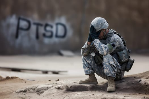 sad soldier and inscription PTSD on the wall, PTSD for post-traumatic stress disorder. Neural network generated image. Not based on any actual scene or pattern.
