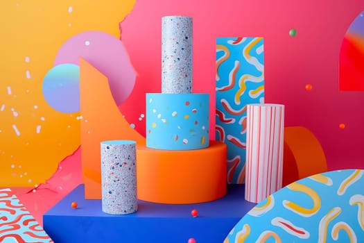 abstract background of playful convergence of 2D pop-art graphics and 3D geometric shapes creating a vibrant multiverse portal, embodying high-energy and big-impact visuals. Neural network generated image. Not based on any actual scene or pattern.