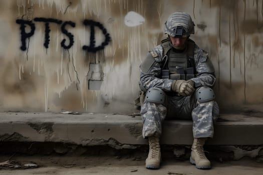 sad soldier and inscription PTSD on the wall, PTSD for post-traumatic stress disorder. Neural network generated image. Not based on any actual scene or pattern.