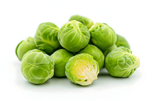 Small heap of brussels sprouts on white background. Neural network generated image. Not based on any actual scene or pattern.