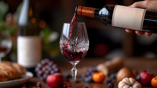 A wine bottle, with its elegant shape and deep red liquid inside, is being poured into a crystal glass, ready to be enjoyed during a romantic dinner. Neural network generated image. Not based on any actual scene or pattern.