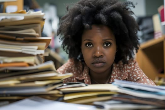 African American woman in an office, overwhelmed by a mountains of paperwork. Neural network generated in January 2024. Not based on any actual scene or pattern.