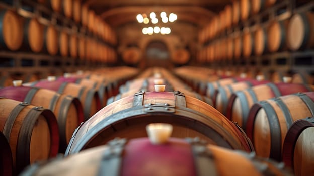 Wine barrels arranged neatly in the wine cellar. Neural network generated image. Not based on any actual scene or pattern.