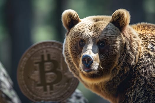 Bear with bitcoin shiner portrait for bearish down trend concept. Neural network generated image. Not based on any actual person or scene.
