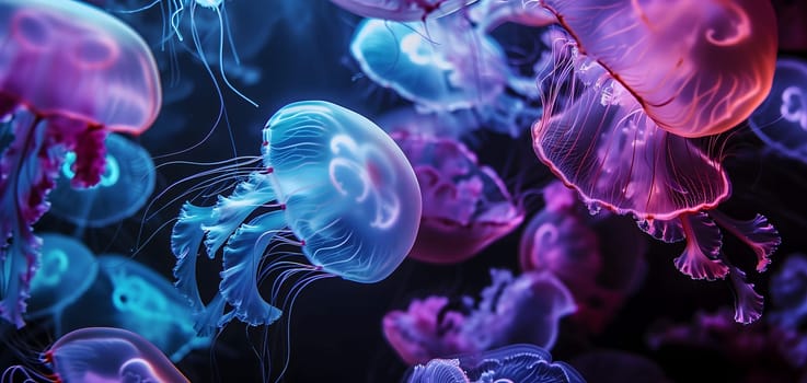 glowing sea jellyfishes on dark background, neural network generated art. Neural network generated in January 2024. Not based on any actual scene or pattern.