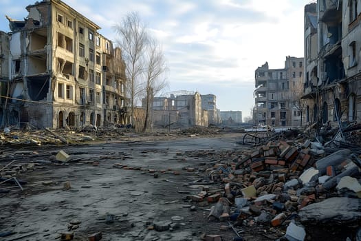 Ruined houses street after war. Neural network generated image. Not based on any actual scene or pattern.