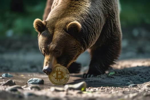 Bear with bitcoin shiner portrait for bearish down trend concept. Neural network generated image. Not based on any actual person or scene.