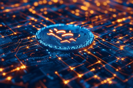 glowing bitcoin shiner laid over circuit board. Neural network generated image. Not based on any actual person or scene.