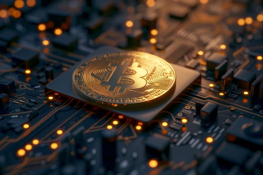 Bitcoin shiner laid over circuit board. Neural network generated image. Not based on any actual person or scene.