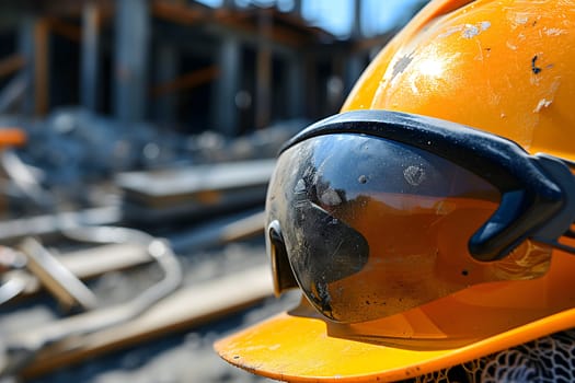 Old yellow hard hat at construction site. Neural network generated image. Not based on any actual scene or pattern.