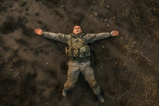 Soldier laid on the battlefield, view from above, drone point of view. Neural network generated image. Not based on any actual scene or pattern.