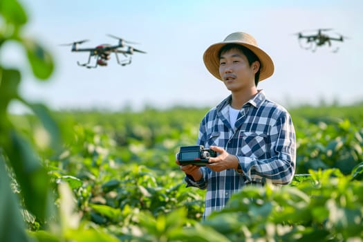 Asian farmer in the field using drones. Neural network generated in January 2024. Not based on any actual scene or pattern.