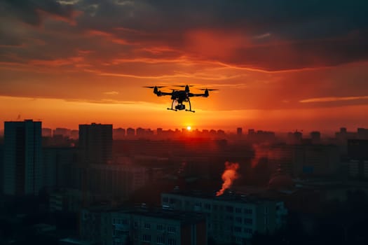 Copter drone over burning city. Neural network generated image. Not based on any actual scene or pattern.