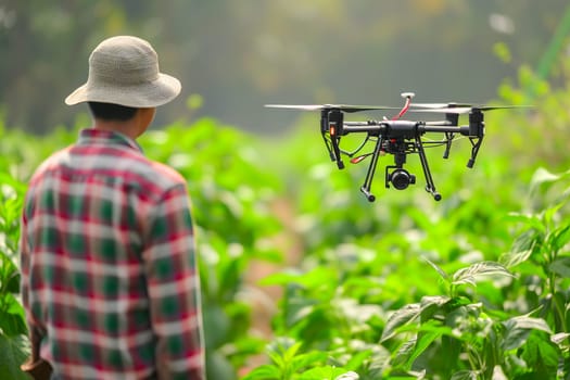 Farmer in the field using drone. Neural network generated in January 2024. Not based on any actual scene or pattern.
