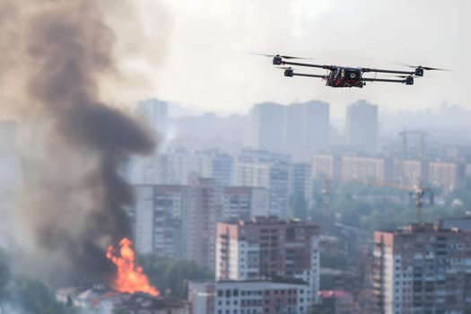 Copter drone over city with smoke. Neural network generated image. Not based on any actual scene or pattern.