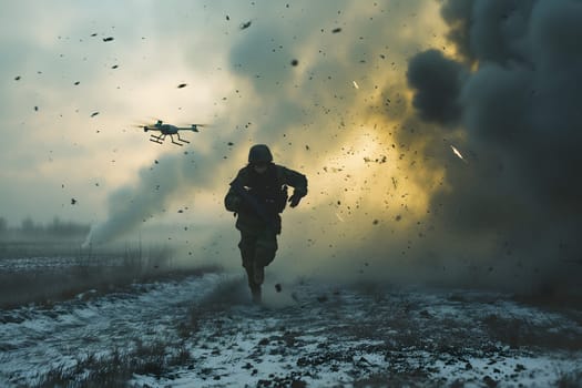 fictional soldier trying to run out of drone at day time winter non-urban battlefield. Neural network generated image. Not based on any actual scene or pattern.
