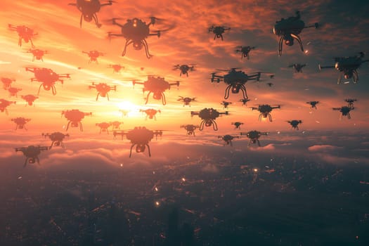 Swarm of drones over city at summer morning. Neural network generated image. Not based on any actual scene or pattern.