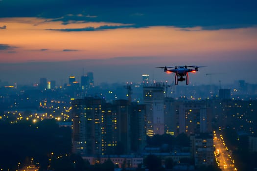 one drone over city at summer sunrise. Neural network generated image. Not based on any actual scene or pattern.