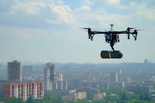 Copter drone carrying a bomb above city at summer day. Neural network generated image. Not based on any actual scene or pattern.