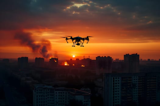 Copter drone over burning city. Neural network generated image. Not based on any actual scene or pattern.