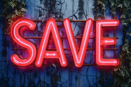 Neon word save on dark shabby wall. Neural network generated image. Not based on any actual scene or pattern.