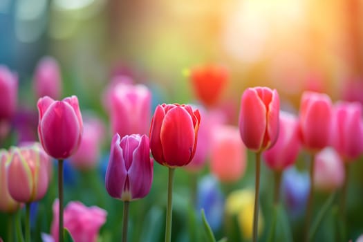 Beautiful Spring Nature background with tulip Flowers, selective focus. Vivid colors. Neural network generated in January 2024. Not based on any actual scene or pattern.