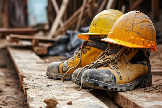 Old yellow hard hats and boots at construction site. Neural network generated image. Not based on any actual scene or pattern.