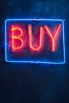 Neon inscription buy on dark shabby wall. Neural network generated image. Not based on any actual scene or pattern.