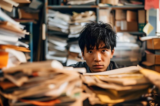 Asian man in an office, overwhelmed by a mountains of paperwork. Neural network generated in January 2024. Not based on any actual scene or pattern.