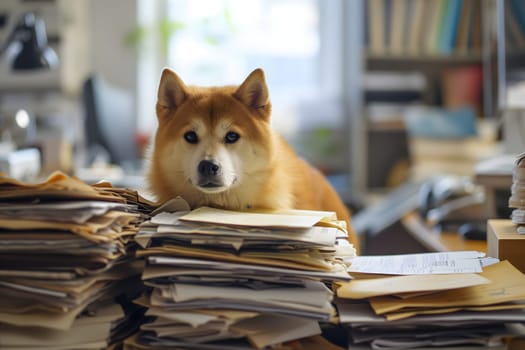 dog in an office, overwhelmed by a mountains of paperwork. Neural network generated in January 2024. Not based on any actual scene or pattern.