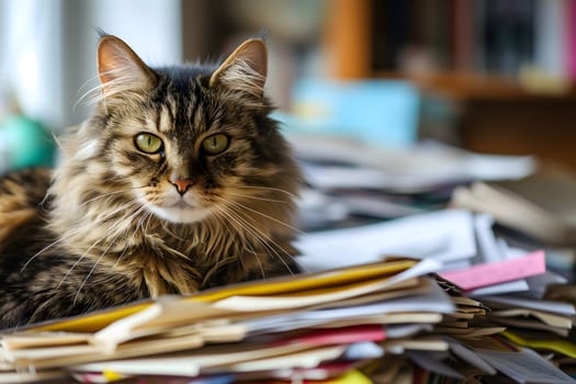 cat in an office, overwhelmed by a mountains of paperwork. Neural network generated in January 2024. Not based on any actual scene or pattern.