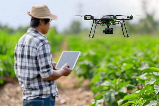 Farmer in the field using drone. Neural network generated in January 2024. Not based on any actual scene or pattern.