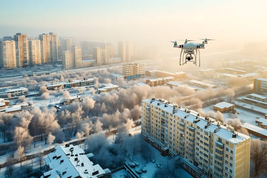 Flying drone above the city at snowy winter morning. Neural network generated image. Not based on any actual scene or pattern.