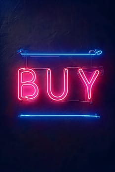 Neon inscription buy on dark shabby wall. Neural network generated image. Not based on any actual scene or pattern.