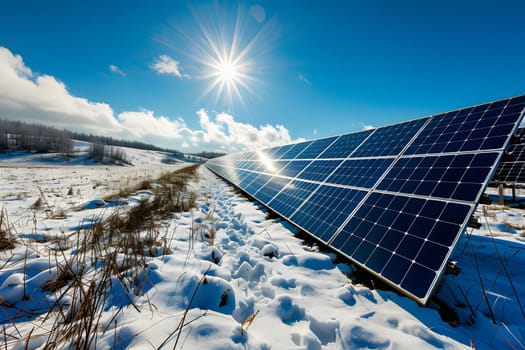 Photovoltaic solar panels in the field at sunny winter day. Neural network generated in January 2024. Not based on any actual scene or pattern.
